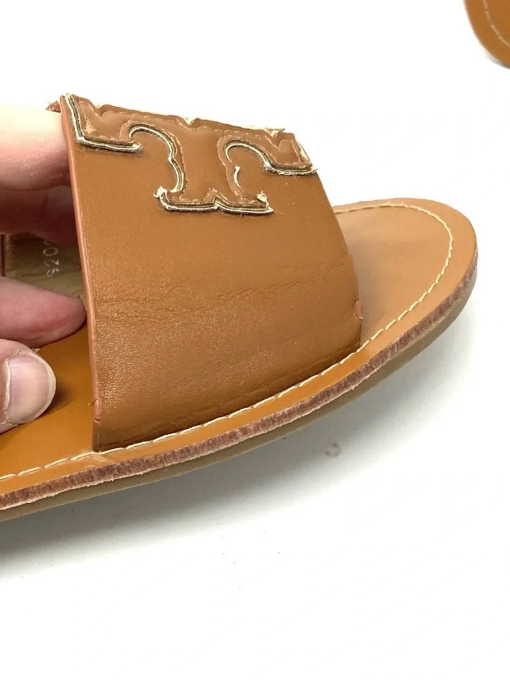 Tory Burch Ines Large Logo Slide Leather Flat Sandals Brown Gold EUR 40 / US 10